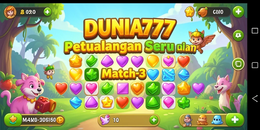 Tangkapan layar gameplay DUNIA777 dengan elemen Match-3 yang menggembirakan.