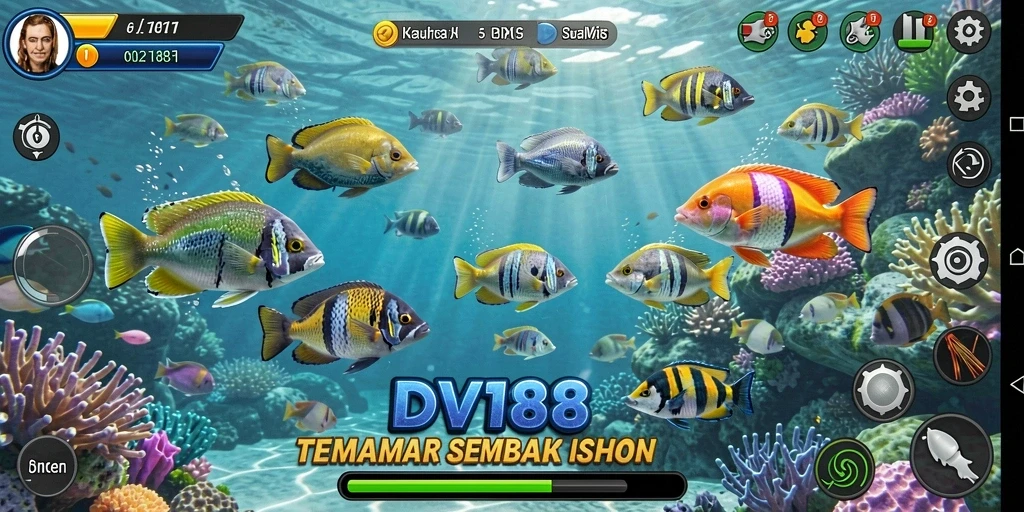 Screenshot gameplay DV188 dengan aksi menarik menembak ikan.