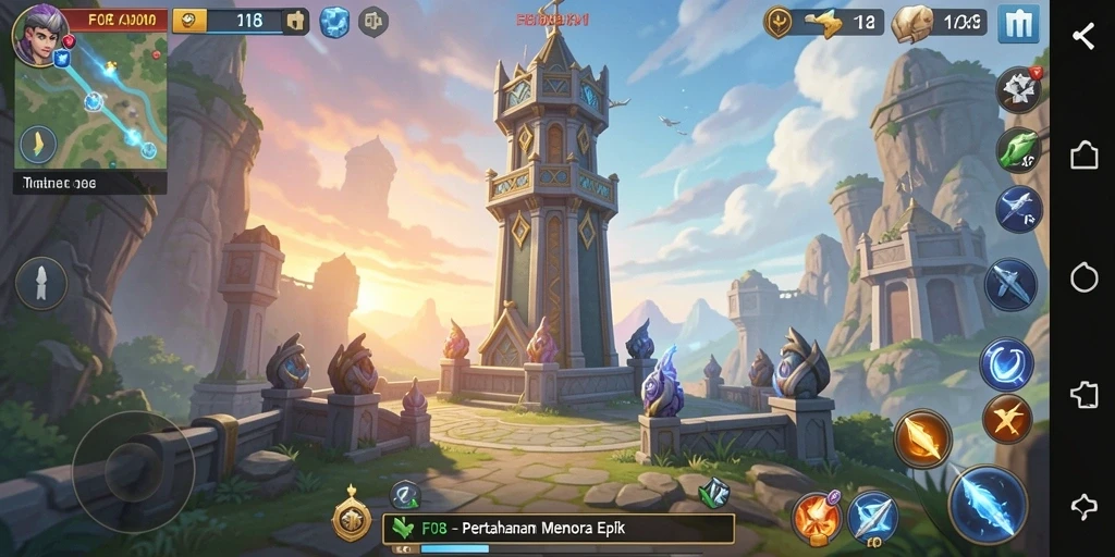 Screenshot utama F08 menampilkan aksi pertahanan menara yang mendebarkan.