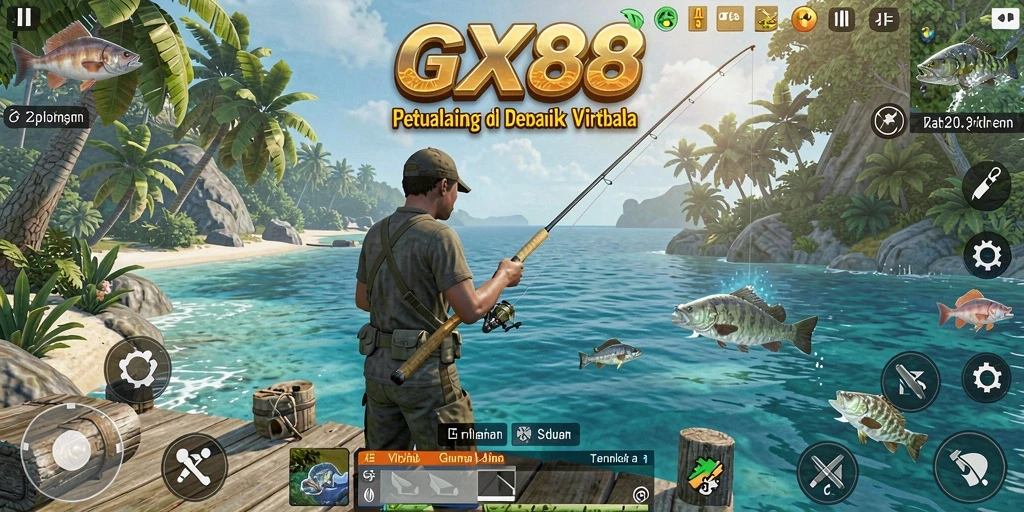 Screenshot GX88 menampilkan aksi seru dalam menangkap ikan di lokasi yang indah.