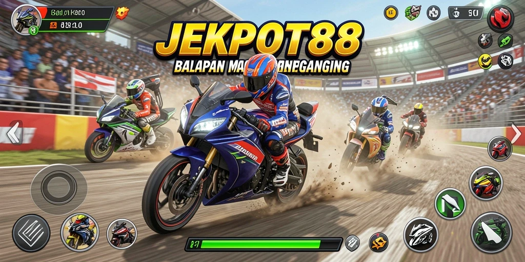 Gameplay mendebarkan dari JEKPOT88 saat motor melaju cepat di lintasan.