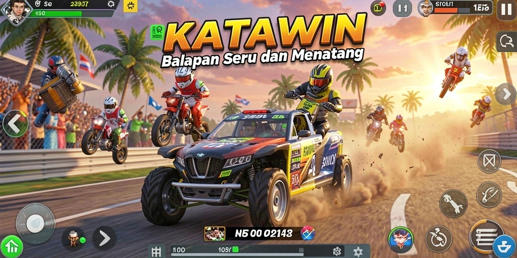Screenshot gameplay KATAWIN menampilkan akselerasi mobil balap di lintasan.