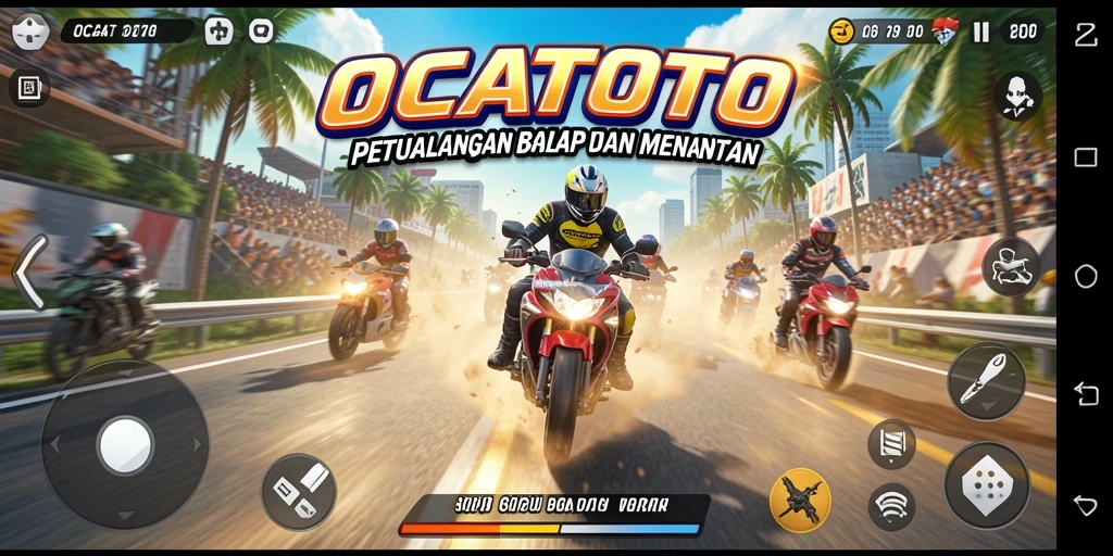 Screenshot gameplay OCATOTO yang menunjukkan aksi balap motor yang mendebarkan.