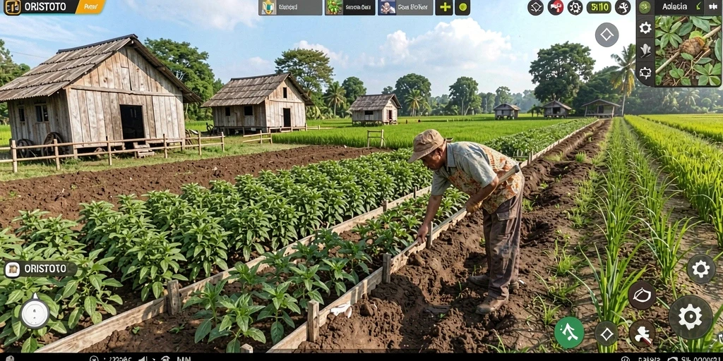 Tampilan gameplay seru dalam ORISTOTO saat mengelola pertanian.