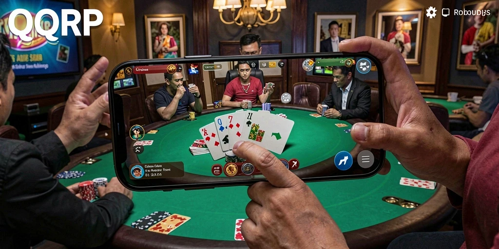 Screenshot permainan QQRP menampilkan suasana poker yang mendebarkan.